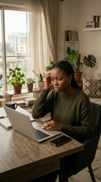 Woman stressed at laptop